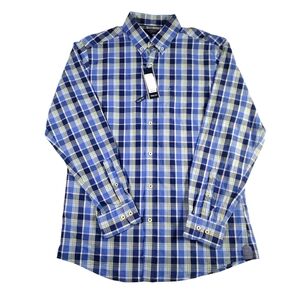 Roundtree & Yorke Button Up Long Sleeve Plaid Shirt Cotton Dark Blue Large NWT